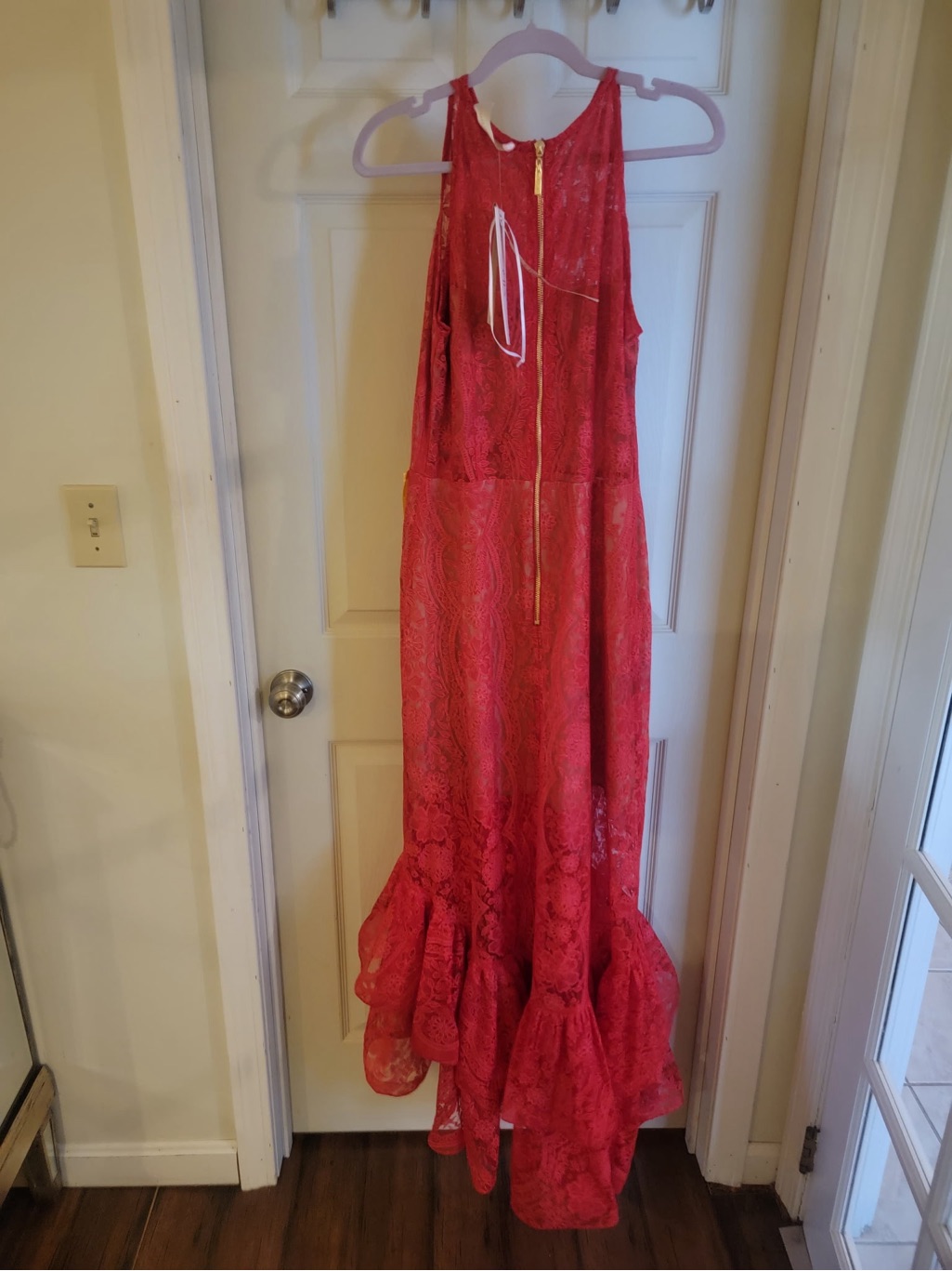 Revolve Red Lace High-Low Midi Dress With Ruffle Train